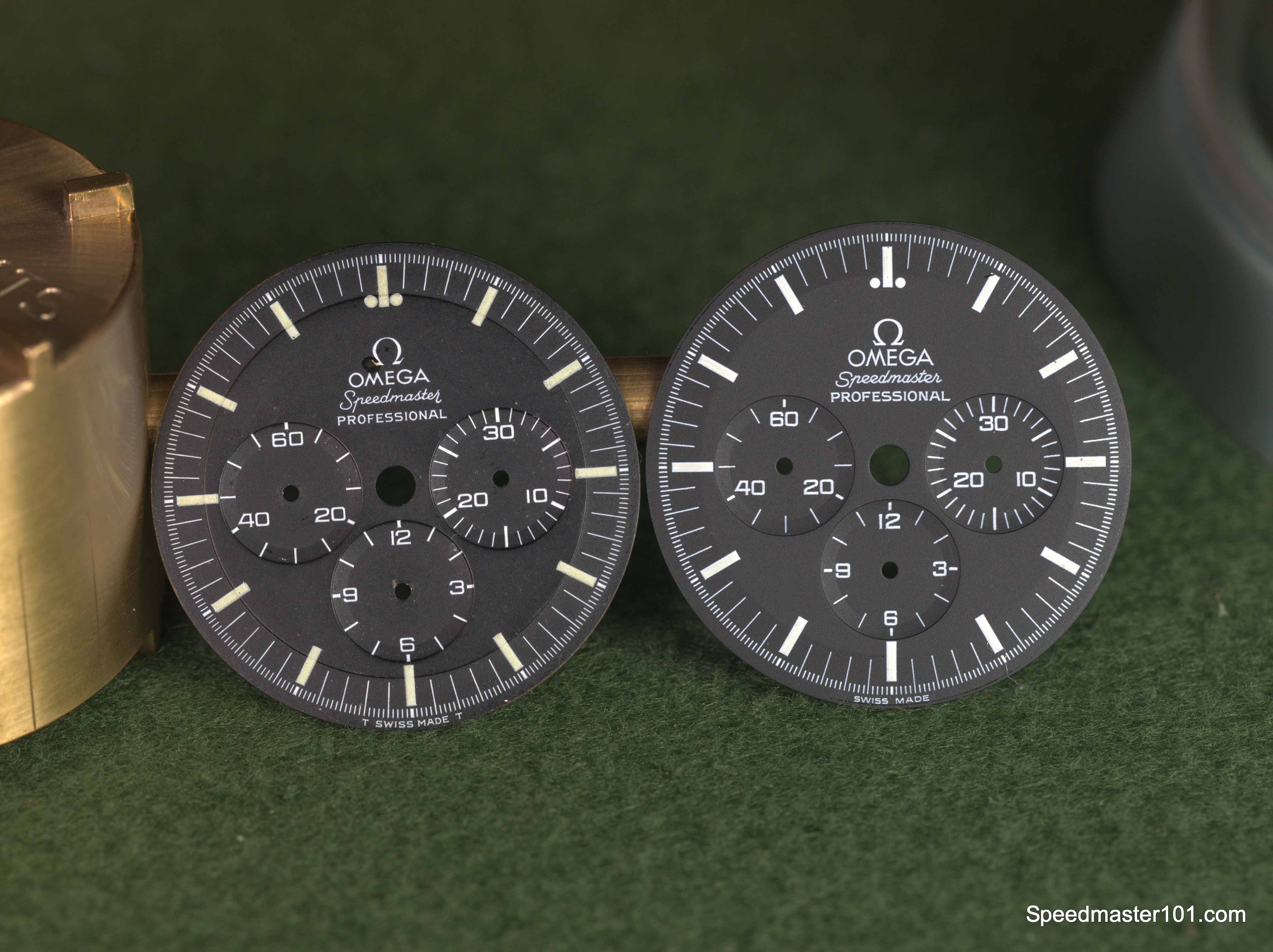 On the left is an original, tritium, stepped 861 dial. On the right is the superluminova service replacement
